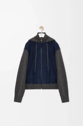 Hybrid-Hoodie mit Reissverschluss aus Ziegenveloursleder und Wollmischung
