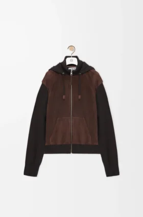Hybrid-Hoodie mit Reissverschluss aus Ziegenveloursleder und Wollmischung
