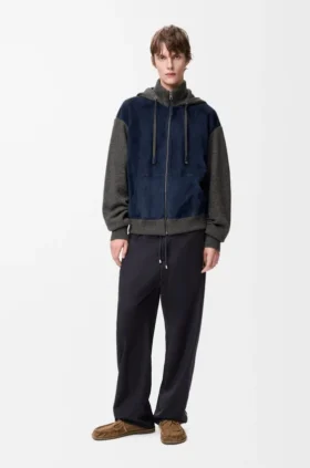 Hybrid-Hoodie mit Reissverschluss aus Ziegenveloursleder und Wollmischung