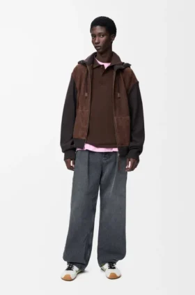 Hybrid-Hoodie mit Reissverschluss aus Ziegenveloursleder und Wollmischung