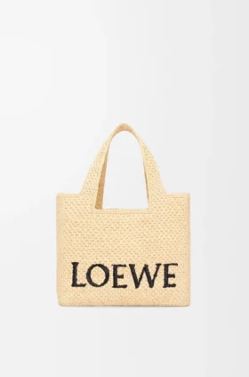 Kleine Font Tote im Loewe-Schriftzug aus Raffia