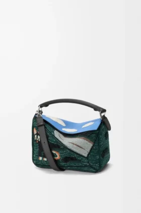 Kleine «Futurist Cat»-Puzzle-Tasche aus besticktem Strick und klassischem Kalbsleder