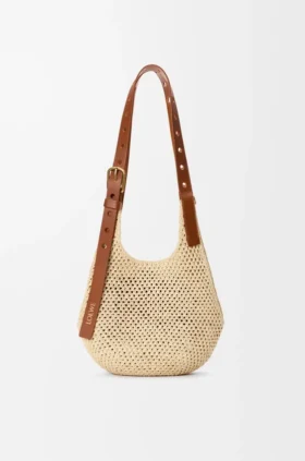 Kleine Hobo-Tasche mit Lochmuster aus Raffia und Kalbsleder Kleine Hobo-Tasche mit Lochmuster aus Raffia und Kalbsleder