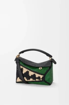 Kleine Puzzle Edge-Tasche aus Raffia und Kalbsleder