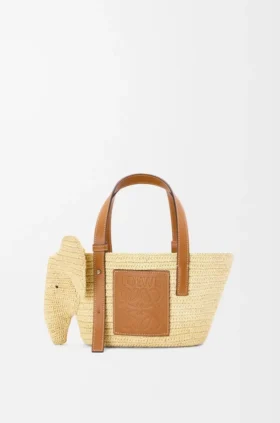 Kleiner Elefantenkorb aus Raffia und Kalbsleder