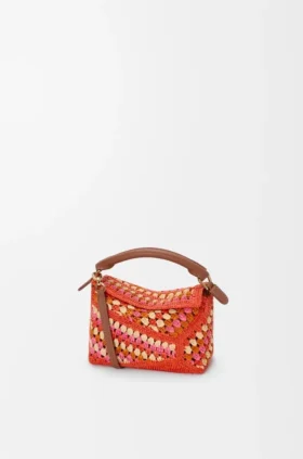 Mini Puzzle Edge Tasche aus Raffia und Kalbsleder