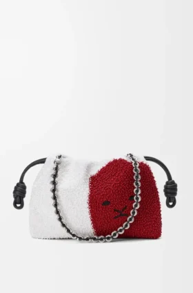 Mittlere «Lion Beads» Flamenco Purse aus perlenverziertem Canvas und Kalbsleder