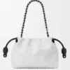 Mittlere «Lion Beads» Flamenco Purse aus perlenverziertem Canvas und Kalbsleder